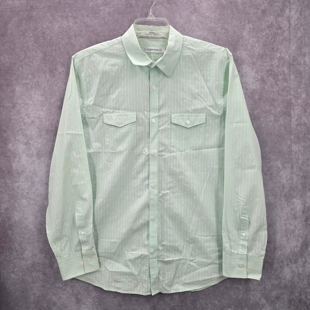 Calvin Klein Mens Green‎ Button Down Long Sleeve Stripe Cotton Dress Shirt Large